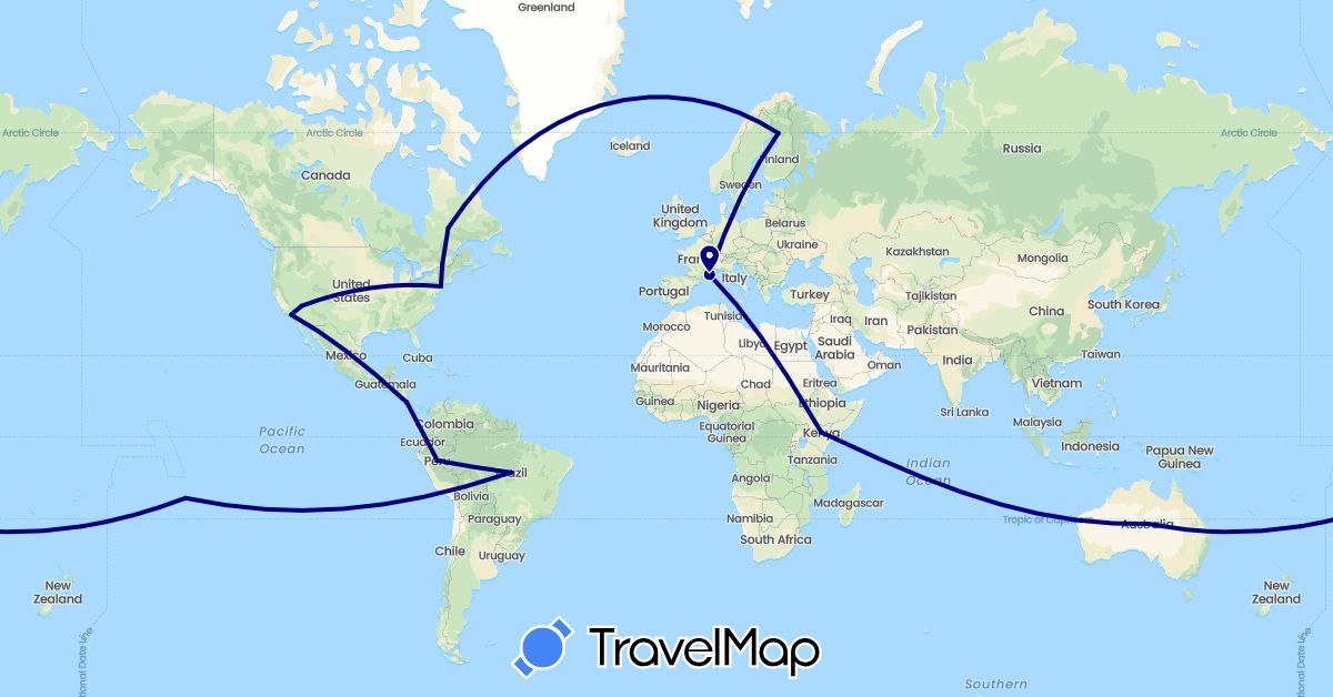 TravelMap itinerary: driving in Australia, Brazil, Canada, Costa Rica, Finland, France, Kenya, Peru, United States (Africa, Europe, North America, Oceania, South America)